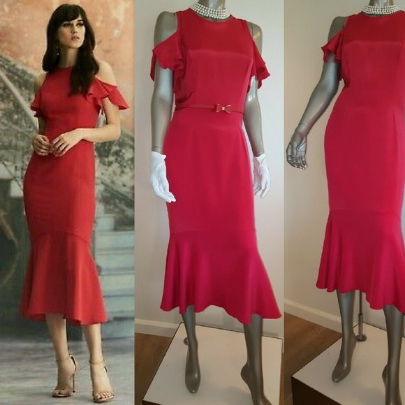 $700 THEIA RED SILK LOVE RUFFLE RUNWAY DRESS GOWN US 0, 2, 4, 6, - Picture 2 of 14